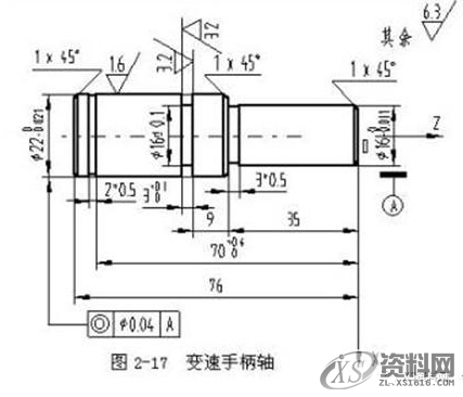 数控车床编程实例，详细讲解！实例一、如图2-16所示工件，毛坯为φ45㎜×120㎜棒材，材料为45钢，数控车削端面、外圆。实例二、如图2-17所示变速手柄轴，毛坯为φ25㎜×100㎜棒材，材料为45钢，完成数控车削。实例三、如图2-18所示工件，毛坯为φ25㎜×65㎜棒材，材料为45钢。实例四、如图2-20所示轧辊工件，毛坯为φ55㎜×18㎜盘料，φ12+0。05 ㎜内孔及倒角和左右两端面已加工过，材料为45钢。,工件,坐标系,加工,第2张